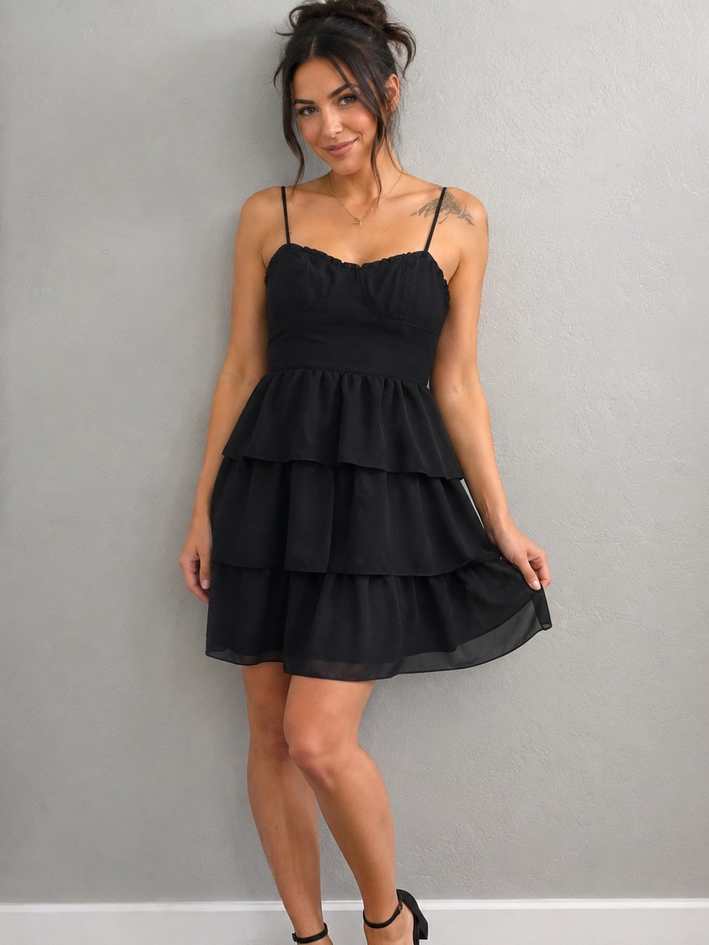 American Eagle Black Tiered Chiffon Mini Dress Size 0 Y2K